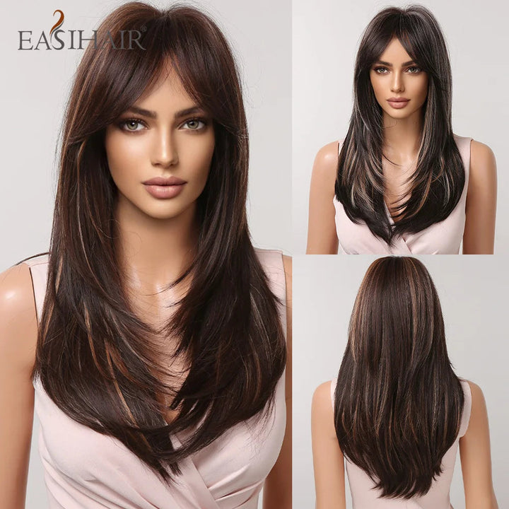 EASIHAIR Dark Brown Black Synthetic Wigs with Bangs Medium Straight Layered Natural Hairs for Women Daily Cosplay Heat Image 6