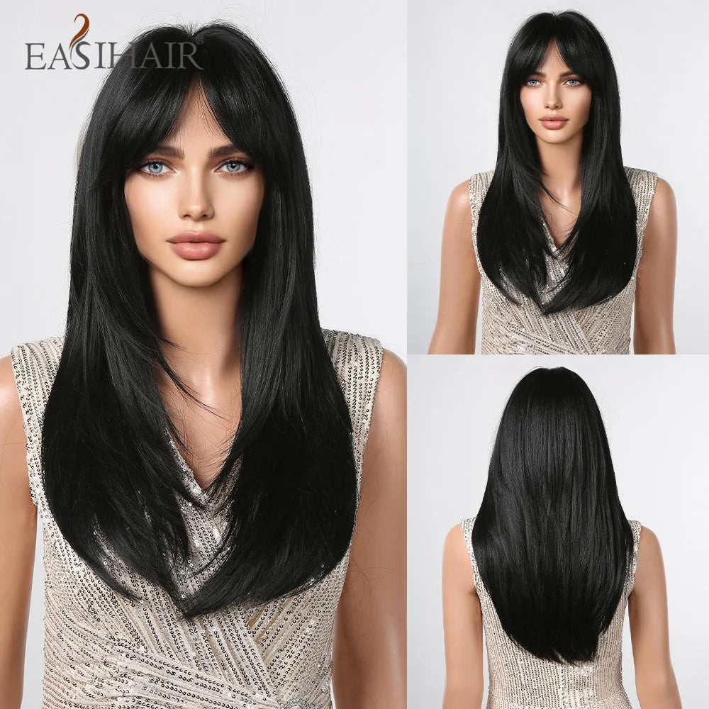 EASIHAIR Dark Brown Black Synthetic Wigs with Bangs Medium Straight Layered Natural Hairs for Women Daily Cosplay Heat Image 7