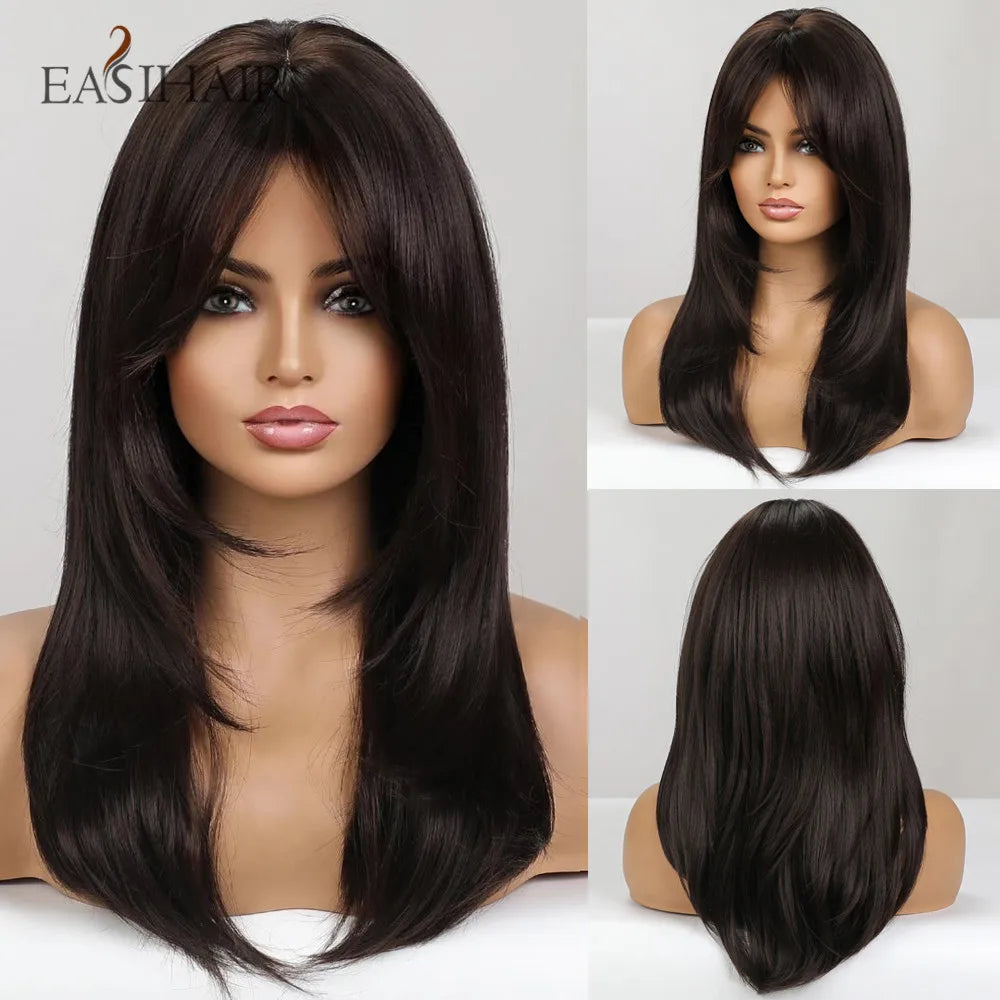 EASIHAIR Dark Brown Black Synthetic Wigs with Bangs Medium Straight Layered Natural Hairs for Women Daily Cosplay Heat Image 8