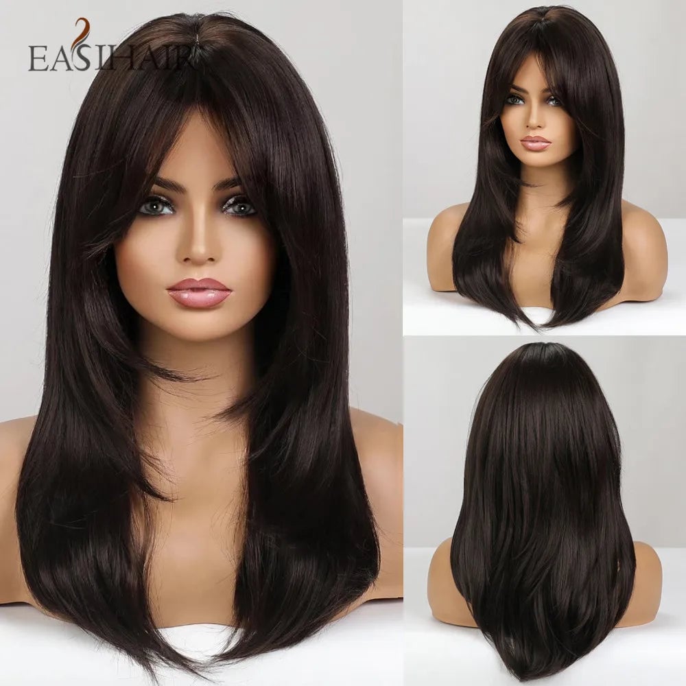 EASIHAIR Dark Brown Black Synthetic Wigs with Bangs Medium Straight Layered Natural Hairs for Women Daily Cosplay Heat Image 1