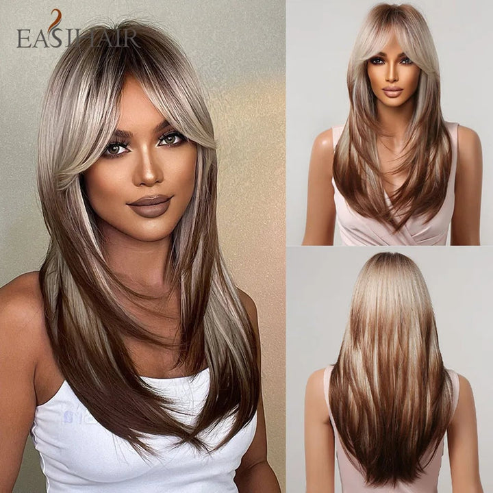 EASIHAIR Dark Brown Black Synthetic Wigs with Bangs Medium Straight Layered Natural Hairs for Women Daily Cosplay Heat Image 1