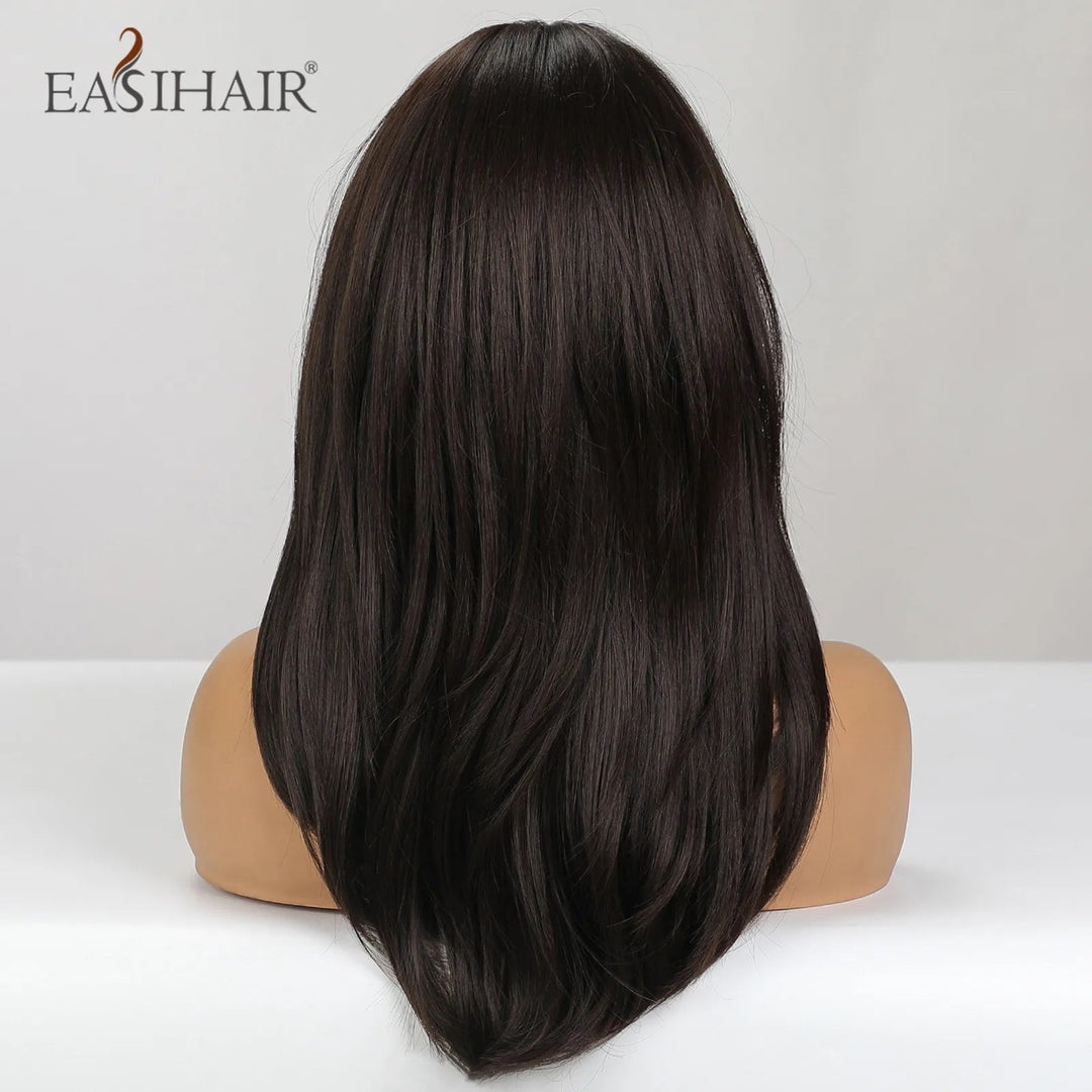 EASIHAIR Dark Brown Black Synthetic Wigs with Bangs Medium Straight Layered Natural Hairs for Women Daily Cosplay Heat Image 12