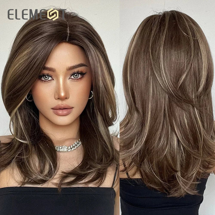 ELEMENT Synthetic Wig Medium Wavy Hair Brown Mixed Blonde Wigs for Women Daily Party Cool Heat Resistant Breathable Image 1