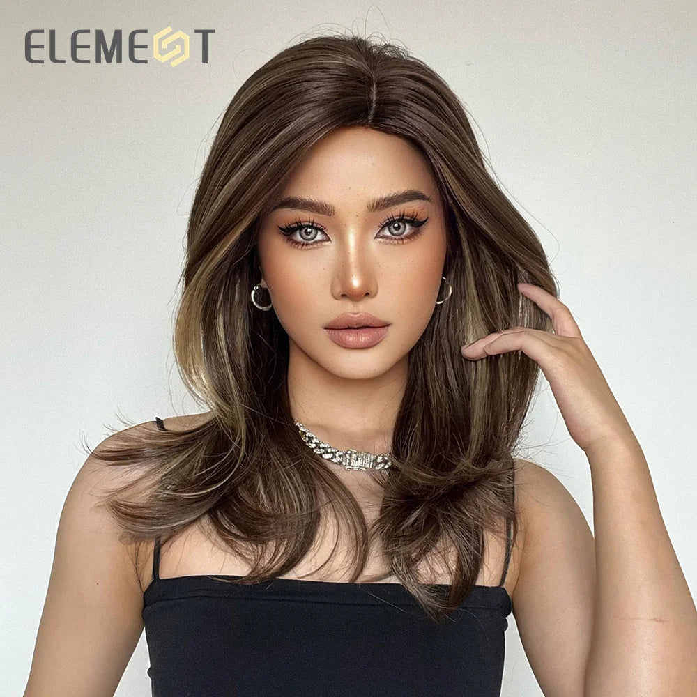 ELEMENT Synthetic Wig Medium Wavy Hair Brown Mixed Blonde Wigs for Women Daily Party Cool Heat Resistant Breathable Image 2