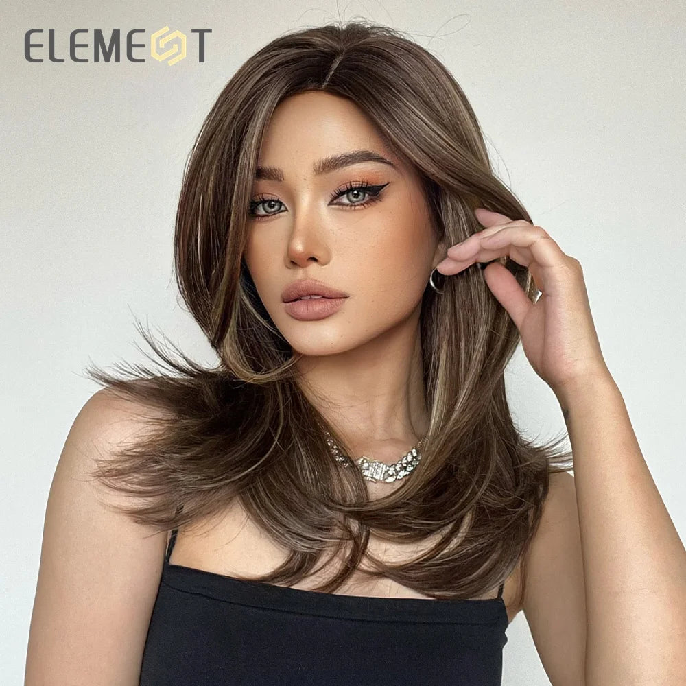 ELEMENT Synthetic Wig Medium Wavy Hair Brown Mixed Blonde Wigs for Women Daily Party Cool Heat Resistant Breathable Image 3