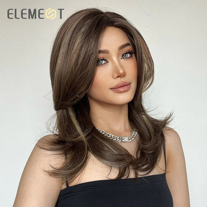 ELEMENT Synthetic Wig Medium Wavy Hair Brown Mixed Blonde Wigs for Women Daily Party Cool Heat Resistant Breathable Image 4