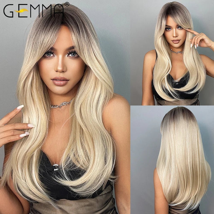 GEMMA Ombre Brown Blonde Long Straight Synthetic Wigs with Bangs Cosplay Wig for Women High Temperature Natural Fake Image 1