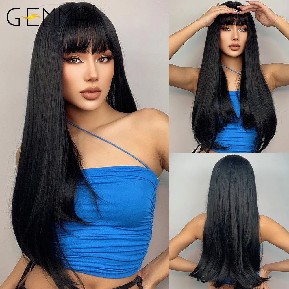 GEMMA Ombre Brown Blonde Long Straight Synthetic Wigs with Bangs Cosplay Wig for Women High Temperature Natural Fake Image 3