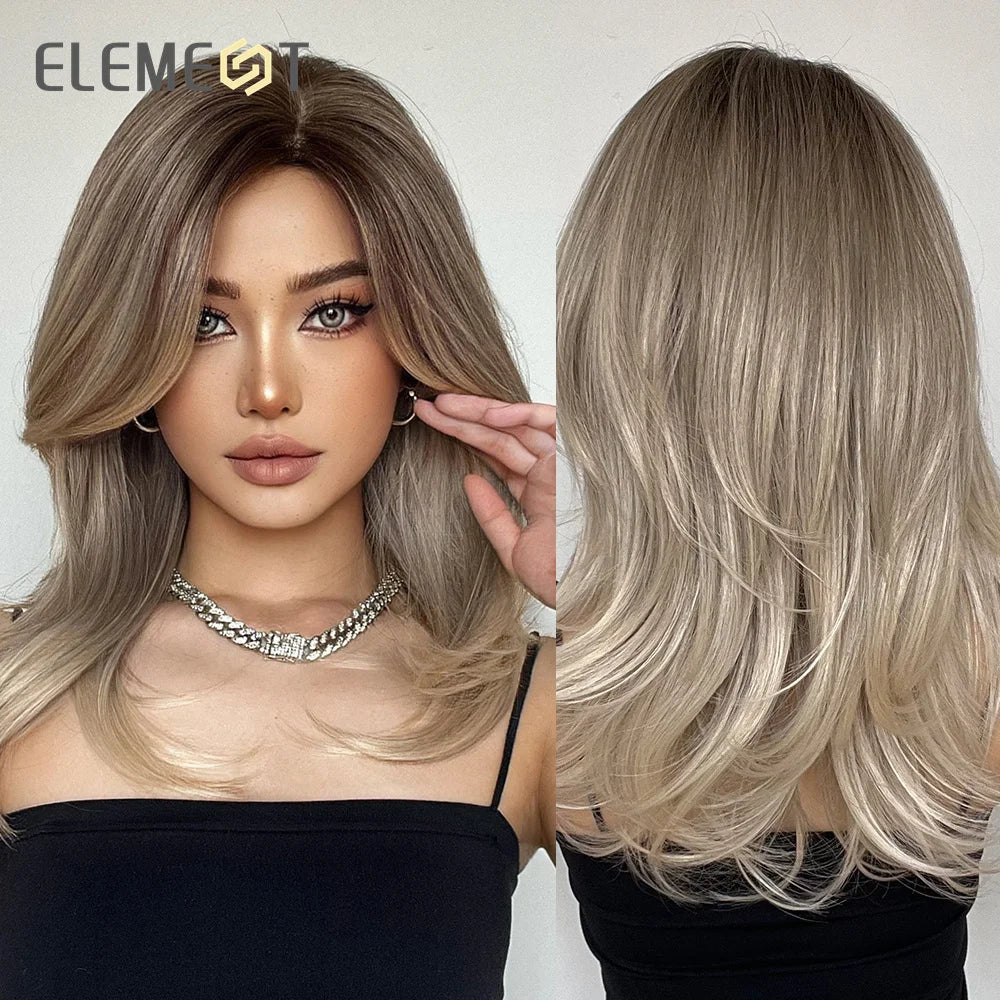 ELEMENT Synthetic Wig Medium Wavy Hair Brown Mixed Blonde Wigs for Women Daily Party Cool Heat Resistant Breathable Image 7