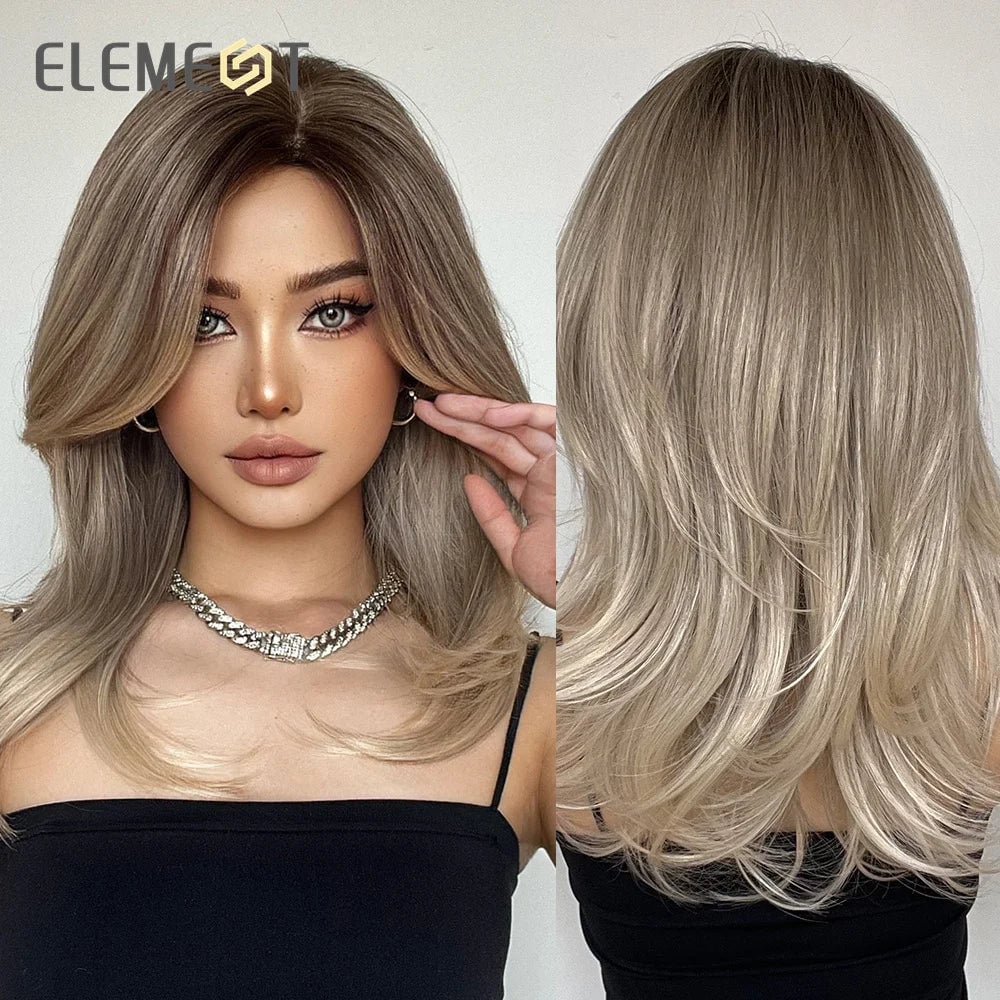 ELEMENT Synthetic Wig Medium Wavy Hair Brown Mixed Blonde Wigs for Women Daily Party Cool Heat Resistant Breathable Image 1