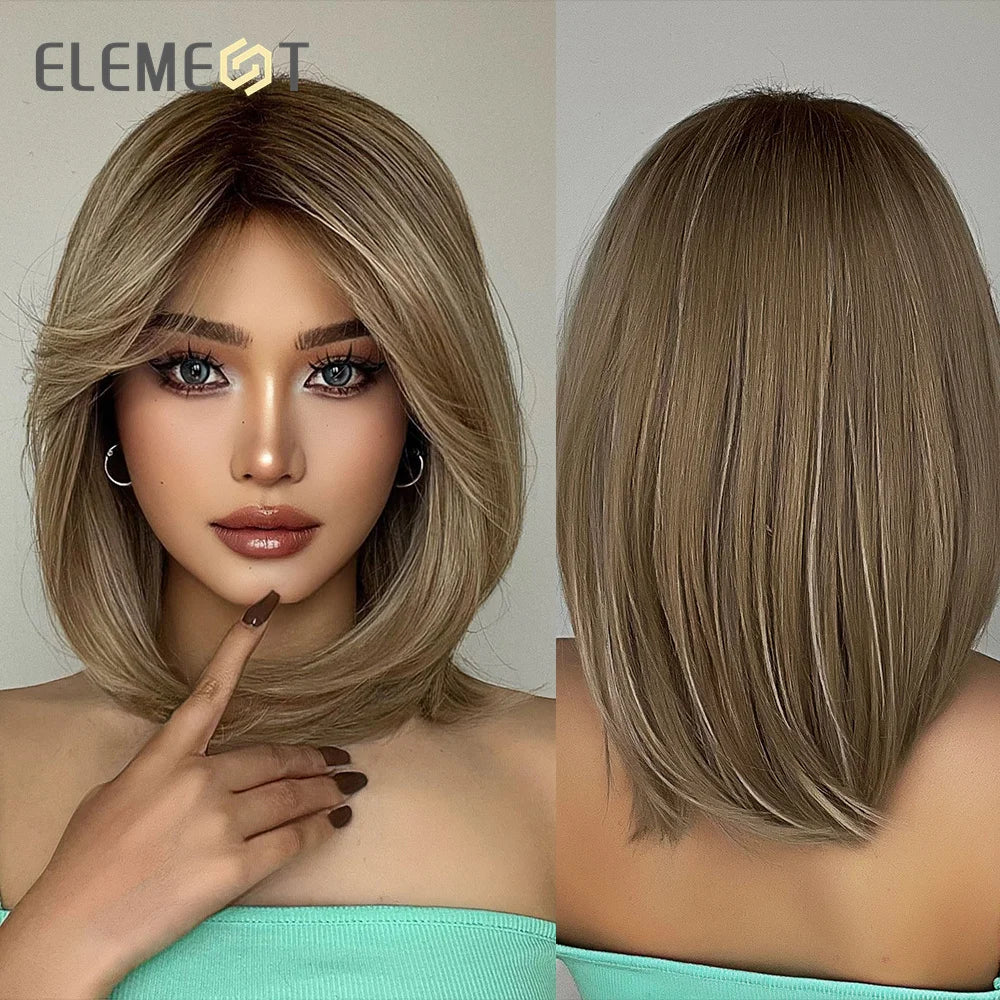 ELEMENT Synthetic Wig Medium Wavy Hair Brown Mixed Blonde Wigs for Women Daily Party Cool Heat Resistant Breathable Image 9