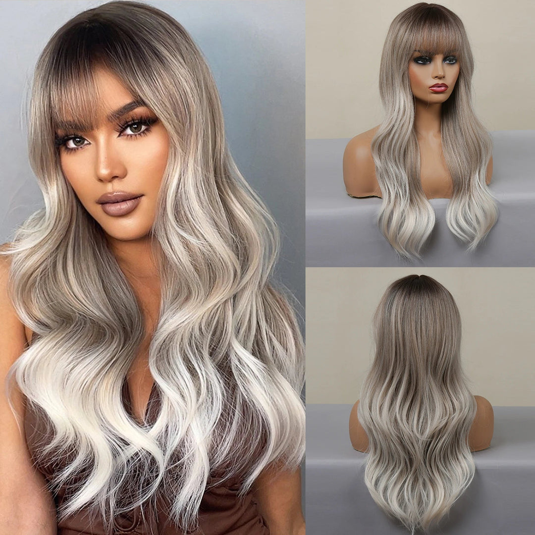 GEMMA Ombre Brown Blonde Long Straight Synthetic Wigs with Bangs Cosplay Wig for Women High Temperature Natural Fake Image 4