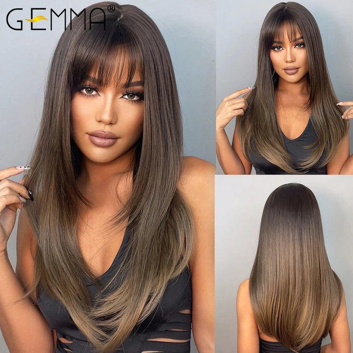 GEMMA Ombre Brown Blonde Long Straight Synthetic Wigs with Bangs Cosplay Wig for Women High Temperature Natural Fake Image 6