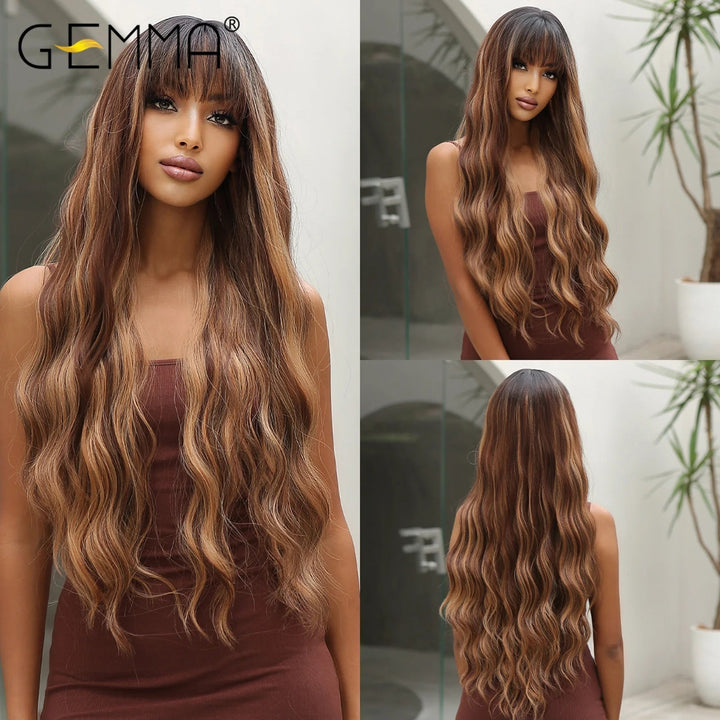 GEMMA Ombre Brown Blonde Long Straight Synthetic Wigs with Bangs Cosplay Wig for Women High Temperature Natural Fake Image 7