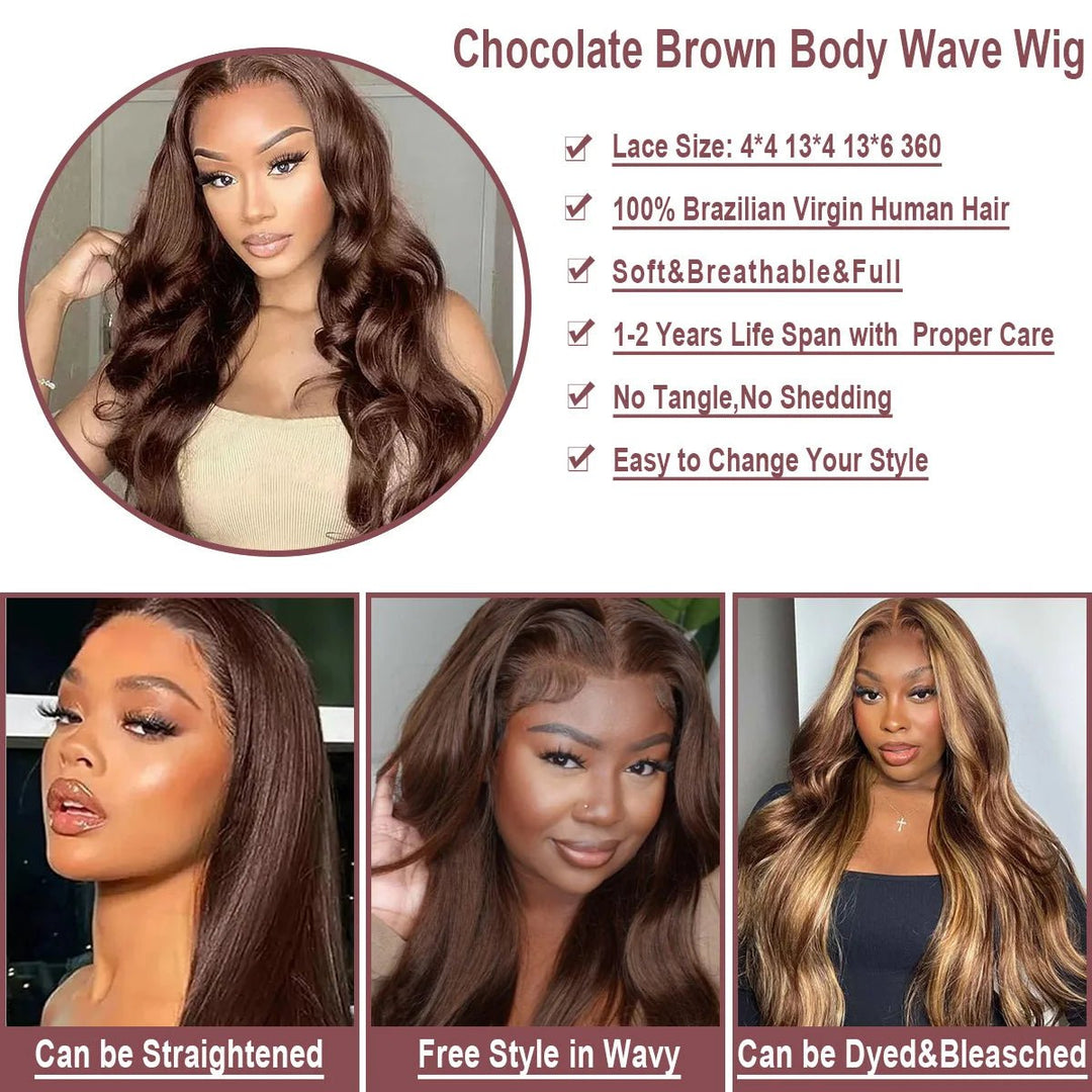 HD Chocolate Brown 13x4 Body Wave Lace Front Human Hair Wigs Brazilian Brown Hair 360 Lace Frontal Wigs For Women Image 1