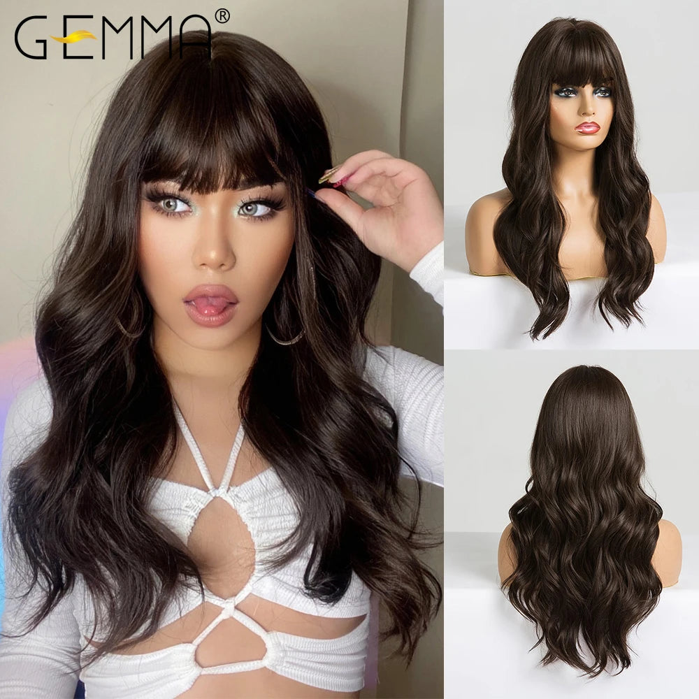 GEMMA Ombre Brown Blonde Long Straight Synthetic Wigs with Bangs Cosplay Wig for Women High Temperature Natural Fake Image 8