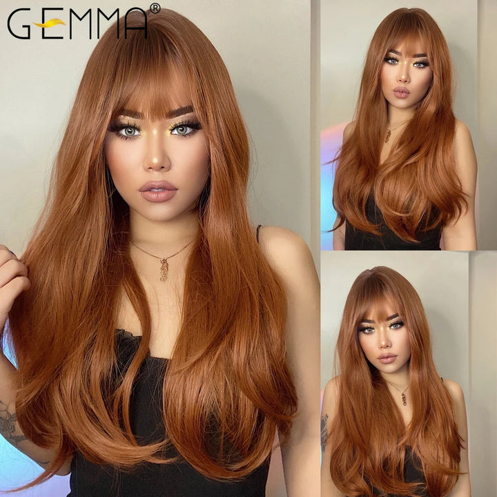 GEMMA Ombre Brown Blonde Long Straight Synthetic Wigs with Bangs Cosplay Wig for Women High Temperature Natural Fake Image 10