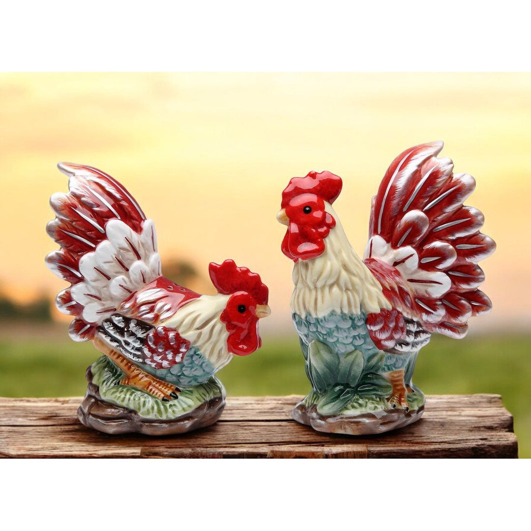 Ceramic Rooster Salt and Pepper Shakers Hand Painted Image 1