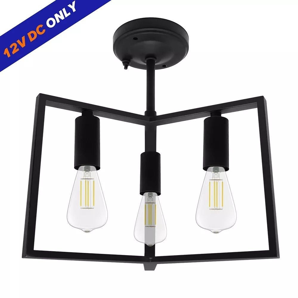 12V Vintage Matte Black RV Ceiling Light Fixture with LED Edison Bulbs Switch Image 1