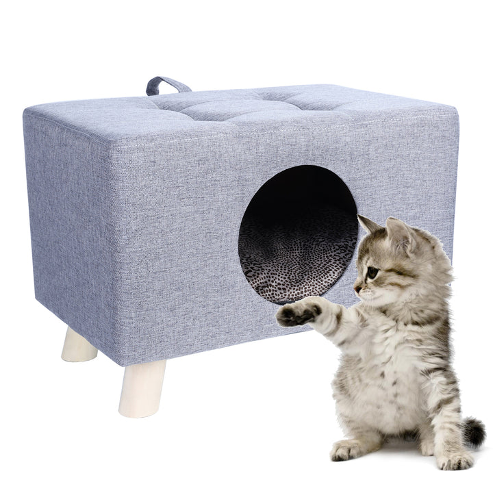 Cat Nest Pet House Bench Wood Pet House Cat Cave with Mat Pet House Foot Rest Stool with Cushion Cube House for Cats and Image 1