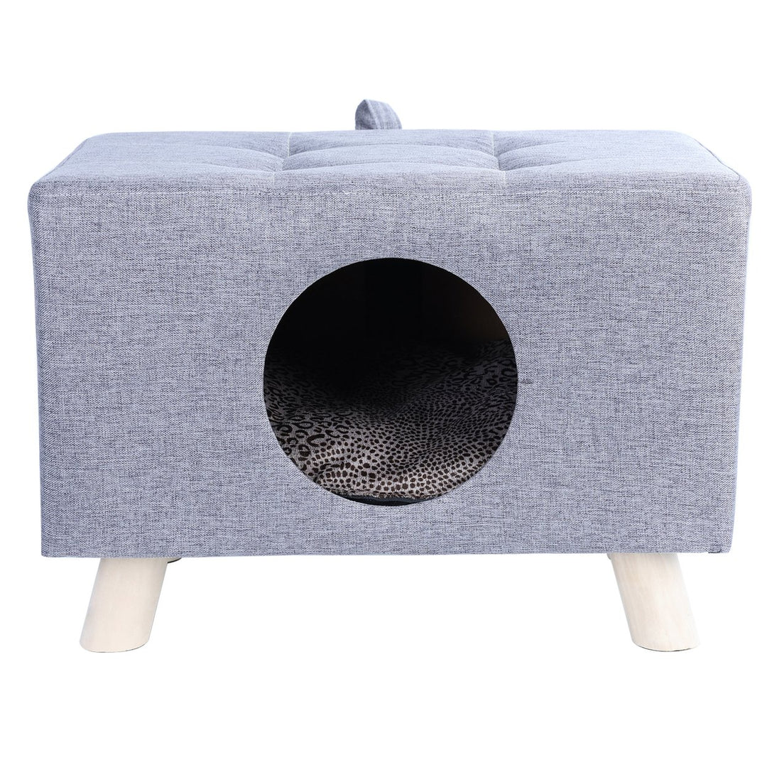 Cat Nest Pet House Bench Wood Pet House Cat Cave with Mat Pet House Foot Rest Stool with Cushion Cube House for Cats and Image 2