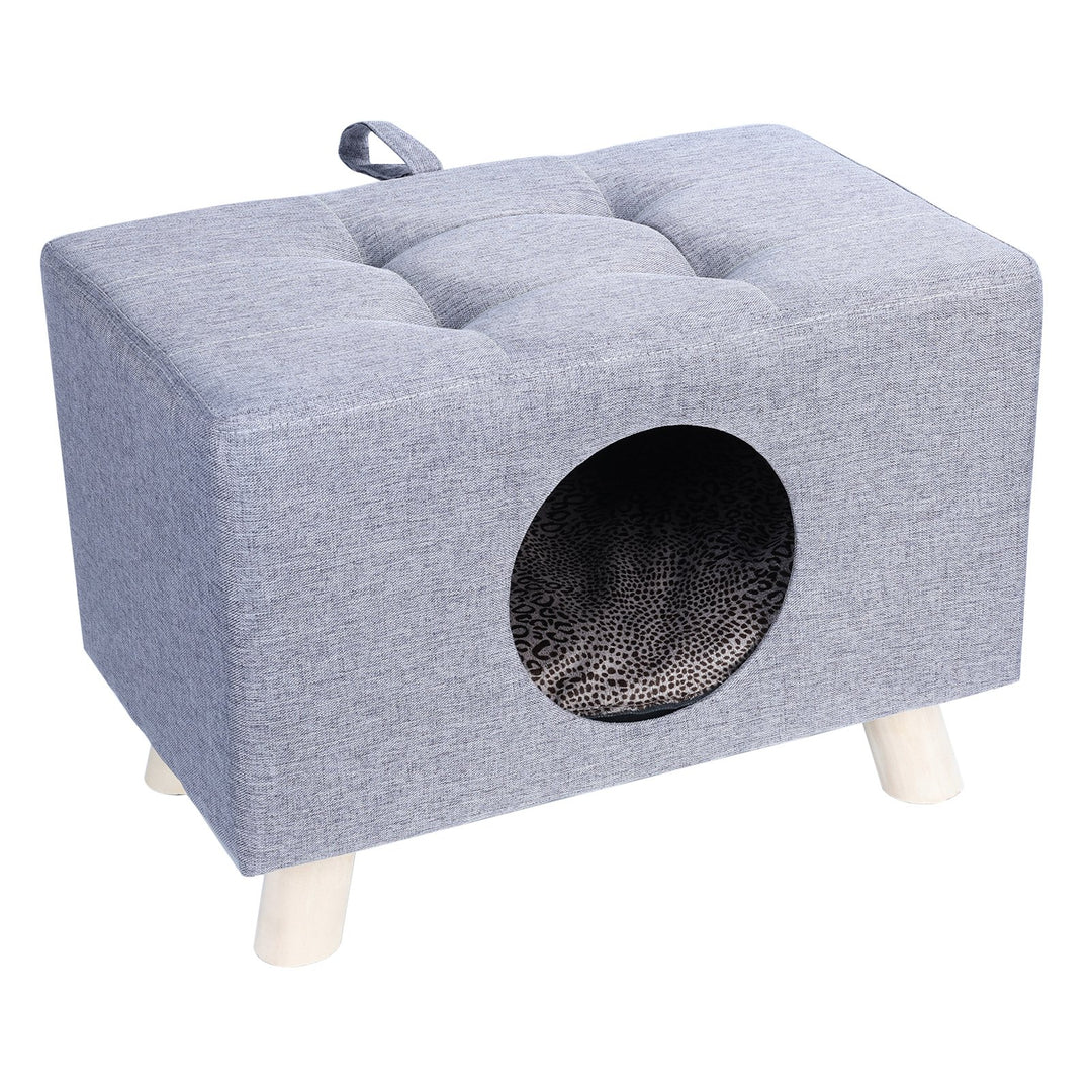 Cat Nest Pet House Bench Wood Pet House Cat Cave with Mat Pet House Foot Rest Stool with Cushion Cube House for Cats and Image 3