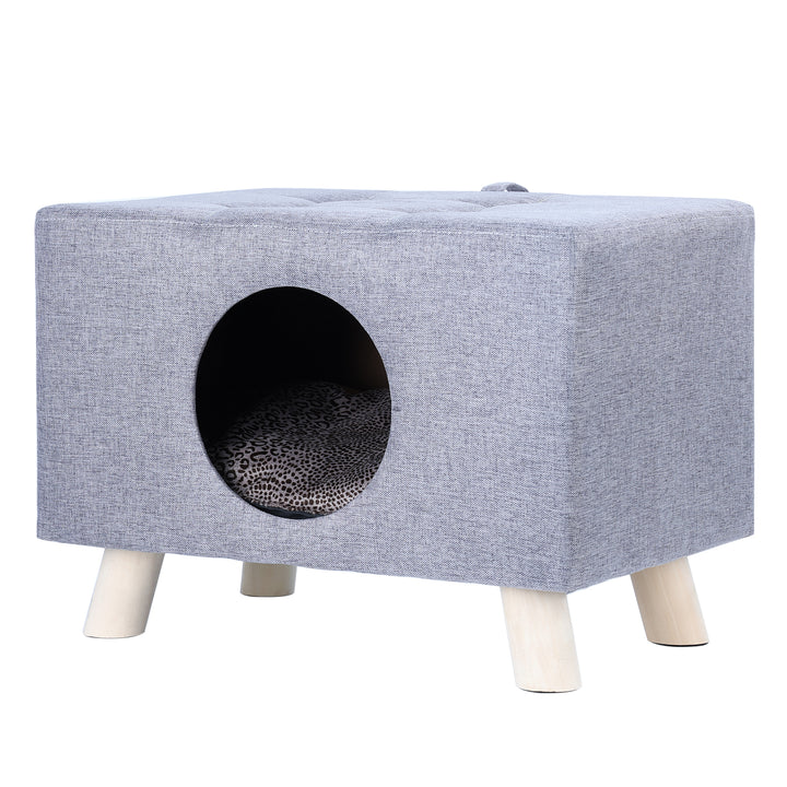 Cat Nest Pet House Bench Wood Pet House Cat Cave with Mat Pet House Foot Rest Stool with Cushion Cube House for Cats and Image 4