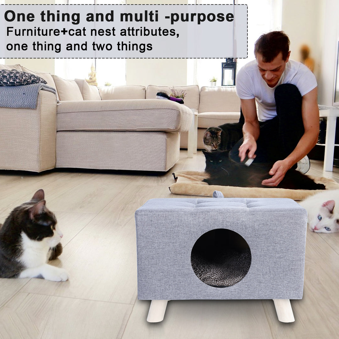 Cat Nest Pet House Bench Wood Pet House Cat Cave with Mat Pet House Foot Rest Stool with Cushion Cube House for Cats and Image 6