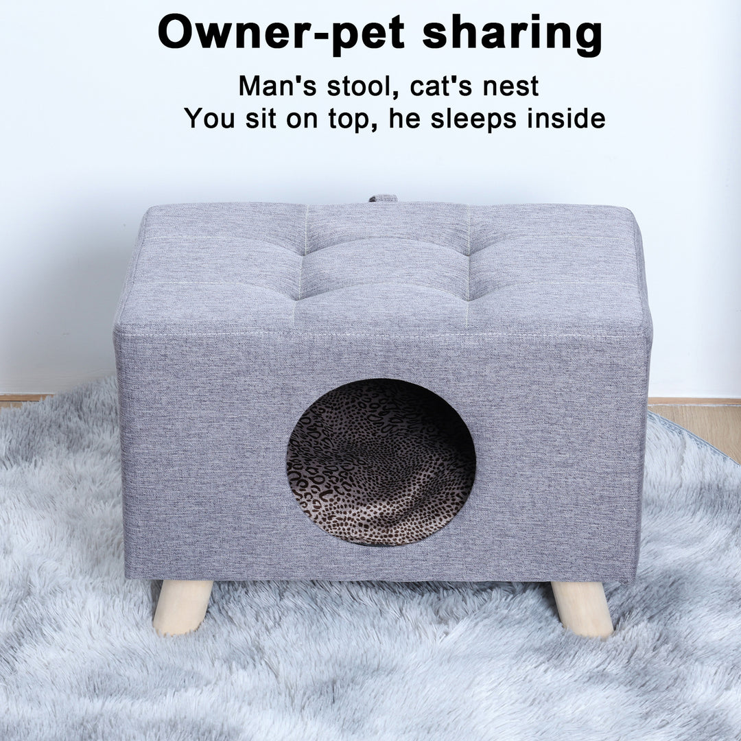 Cat Nest Pet House Bench Wood Pet House Cat Cave with Mat Pet House Foot Rest Stool with Cushion Cube House for Cats and Image 11