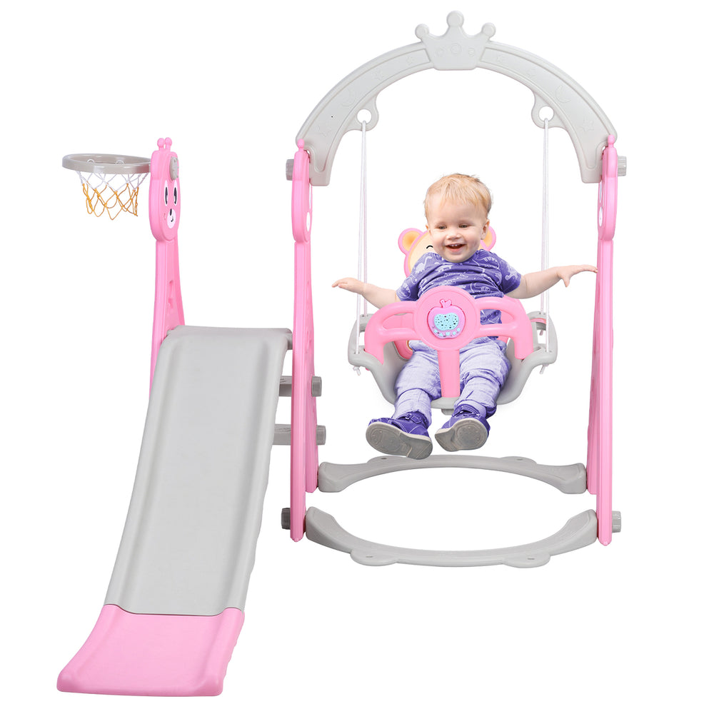 Kids Slide Swing Set Bear Themed Baby Mini Playground Freestanding Baby Playground with Non-Slip Ladder Slide Swing Image 2