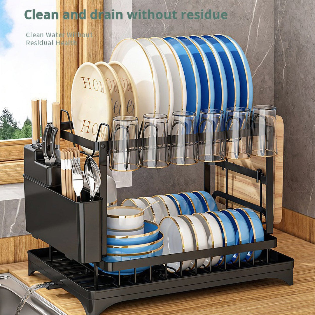 Dish Drying Rack with Drainboard Double-Layer Large Capacity Rustproof Strong Load-bearing Multifunctional Glasses Image 1