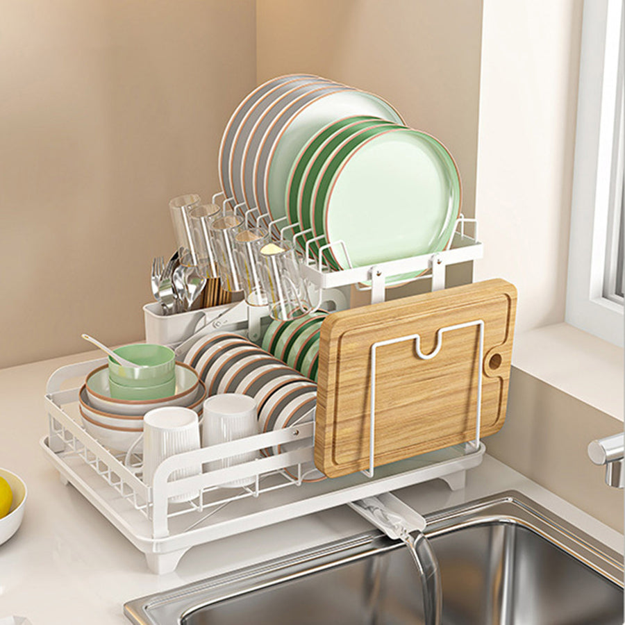 2-Tier Metal Dish Drying Rack with Drain Board 360-Degree Rotatable Anti-Rust Coating No Installation Needed Kitchen Image 1