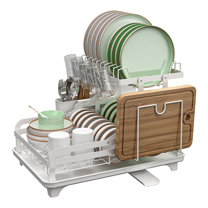 2-Tier Metal Dish Drying Rack with Drain Board 360-Degree Rotatable Anti-Rust Coating No Installation Needed Kitchen Image 3