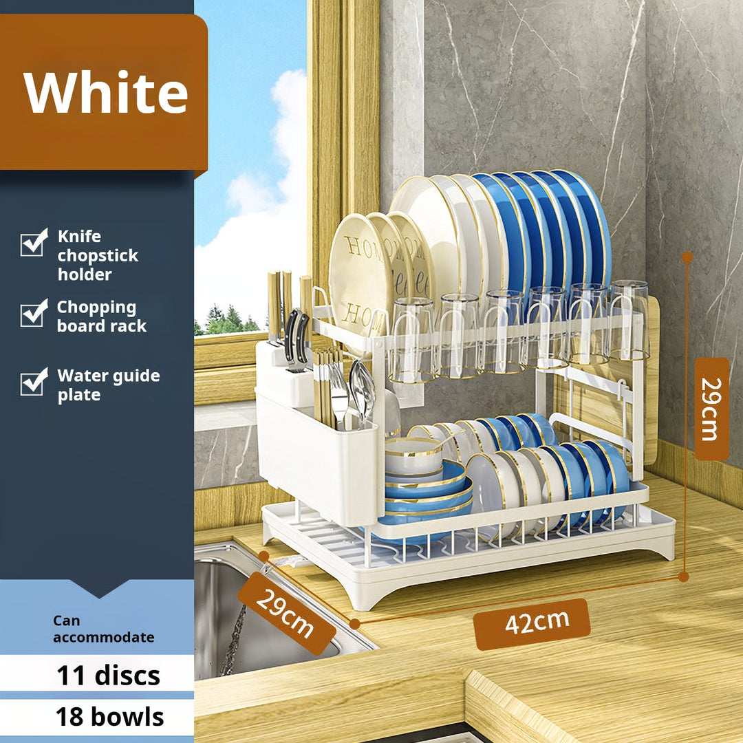 Dish Drying Rack with Drainboard Double-Layer Large Capacity Rustproof Strong Load-bearing Multifunctional Glasses Image 8