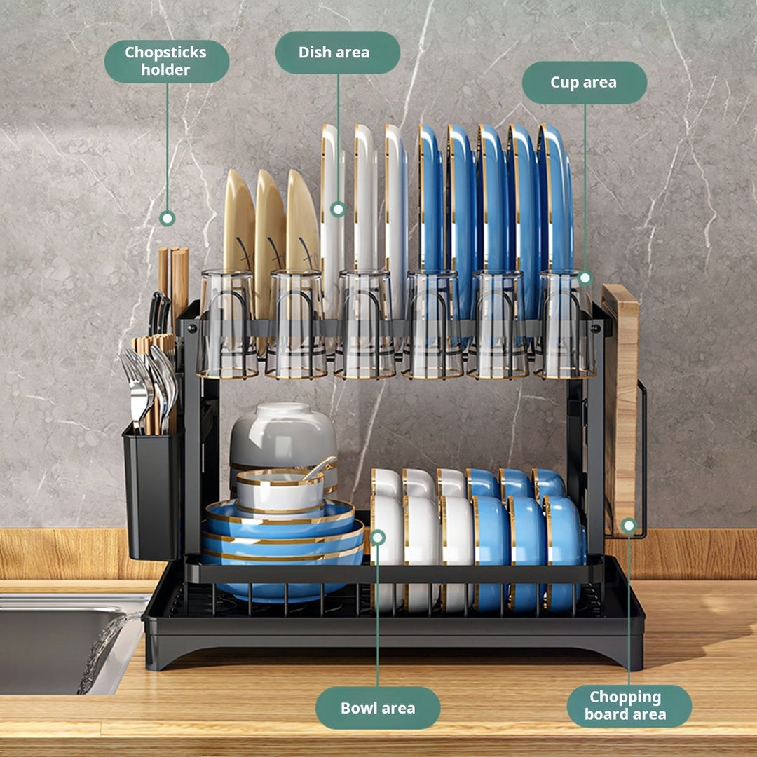 Dish Drying Rack with Drainboard Double-Layer Large Capacity Rustproof Strong Load-bearing Multifunctional Glasses Image 11