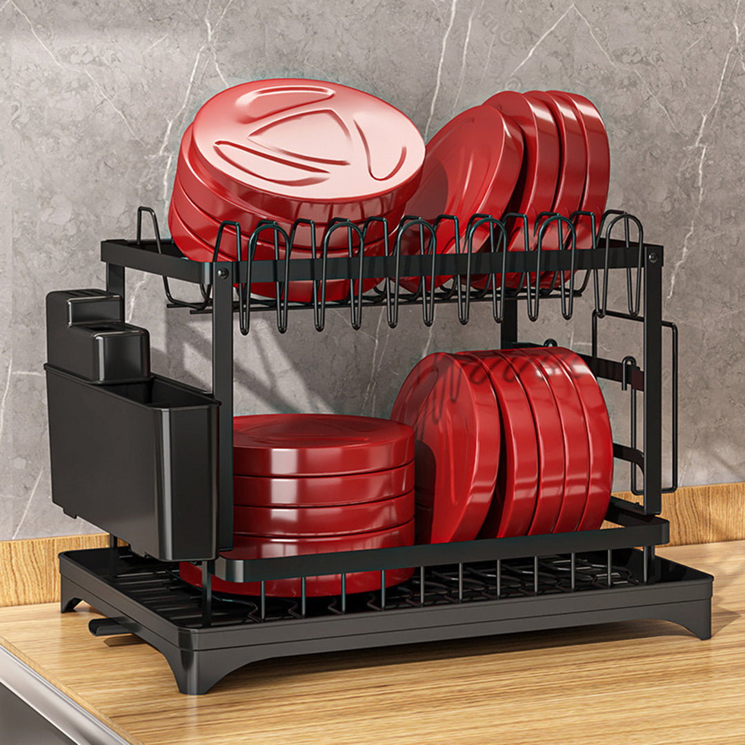 Dish Drying Rack with Drainboard Double-Layer Large Capacity Rustproof Strong Load-bearing Multifunctional Glasses Image 12