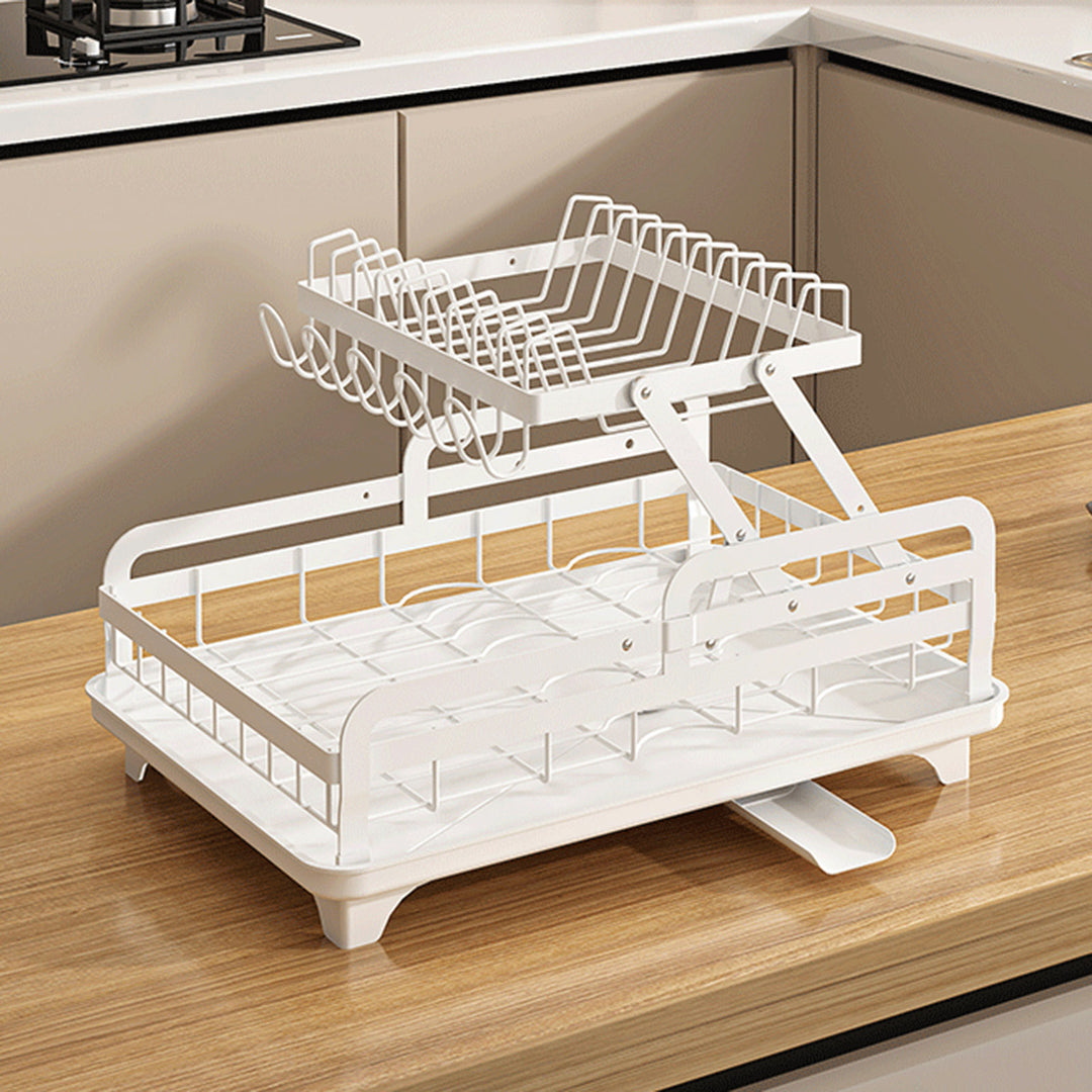 2-Tier Metal Dish Drying Rack with Drain Board 360-Degree Rotatable Anti-Rust Coating No Installation Needed Kitchen Image 12