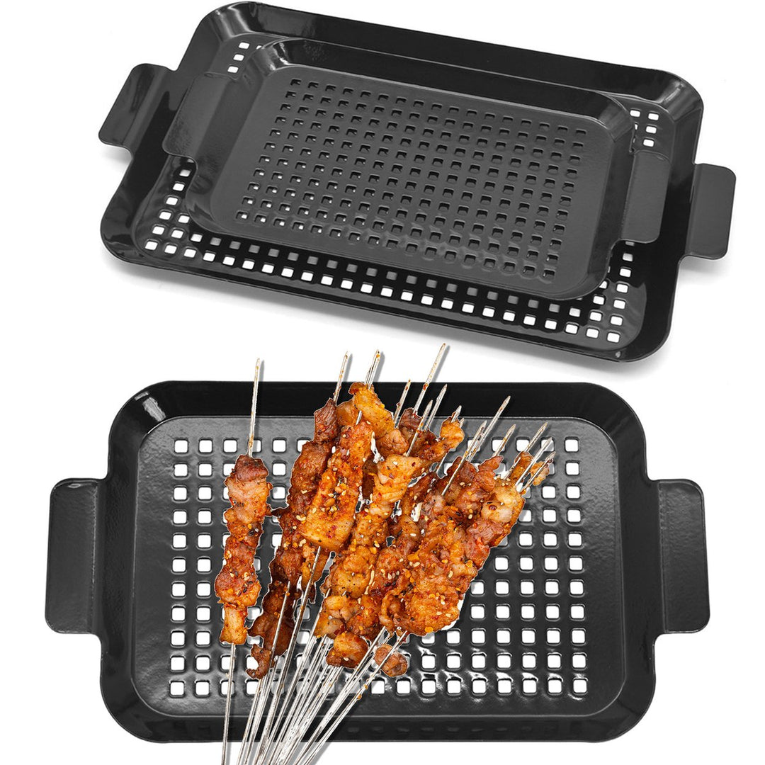 2Pcs/Set Grill Pan BBQ Topper Grilling Baskets Baking Pan with Handles Vegetables Fish Meat Seafood Tray Gas Charcoal Image 1