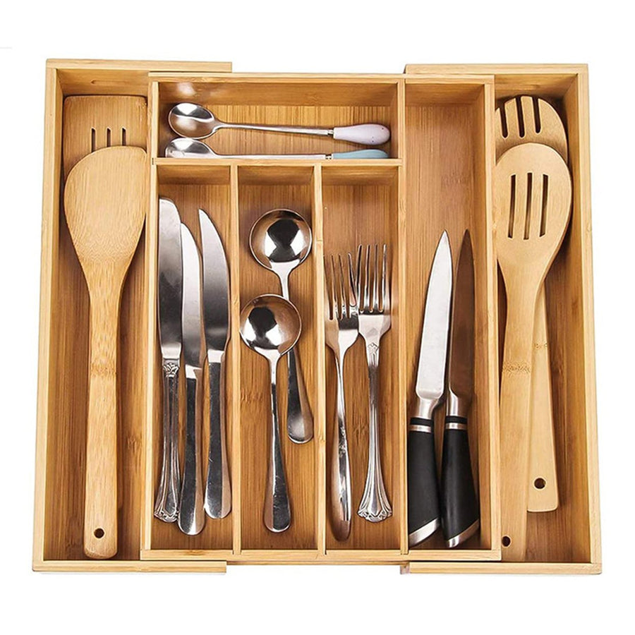 Bamboo Drawer Organizer Expandable 5-7 Compartments Adjustable Width Easy to Clean Cutlery Tray for Kitchen Utensils Image 1