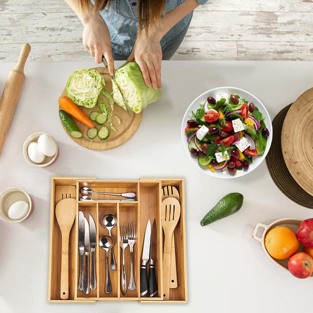 Bamboo Drawer Organizer Expandable 5-7 Compartments Adjustable Width Easy to Clean Cutlery Tray for Kitchen Utensils Image 4