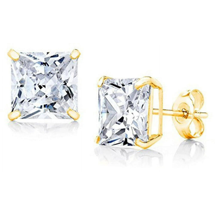 Paris Jewelry 18K Yellow Gold White Sapphire 4 Carat Square Stud Earrings Image 1