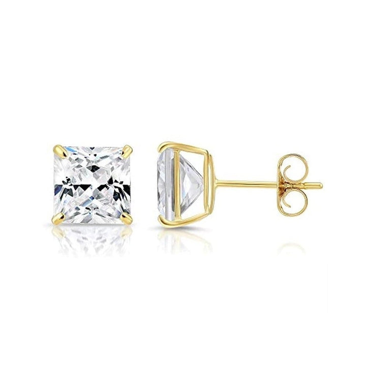 Paris Jewelry 18K Yellow Gold White Sapphire 4 Carat Square Stud Earrings Image 3