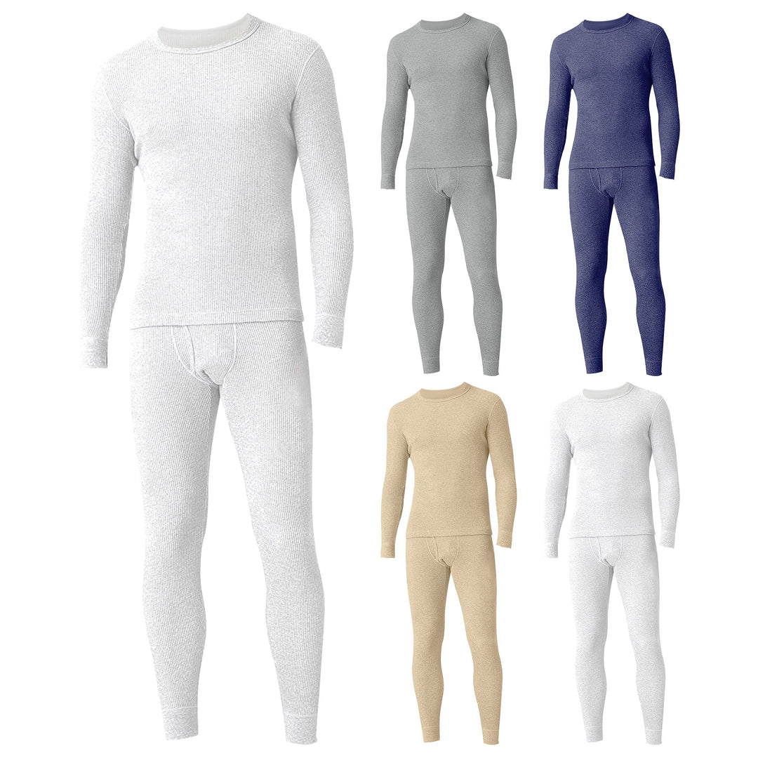 Mens Waffle Knit Thermal Underwear Set Soft Cotton Winter Pajamas 2-Piece Image 3