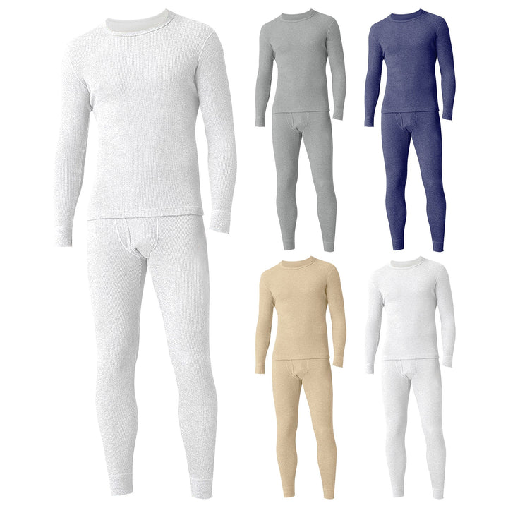 Mens Waffle Knit Thermal Underwear Set Soft Cotton Winter Pajamas 2-Piece Image 3