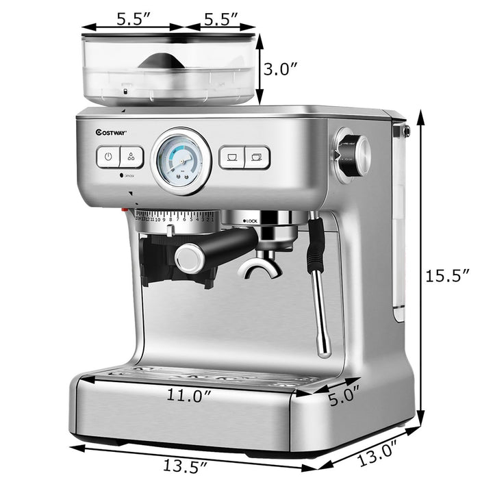 Espresso Cappucino Machine Coffee Maker Stainless Steel w/ Grinder and Steam Wand Image 2