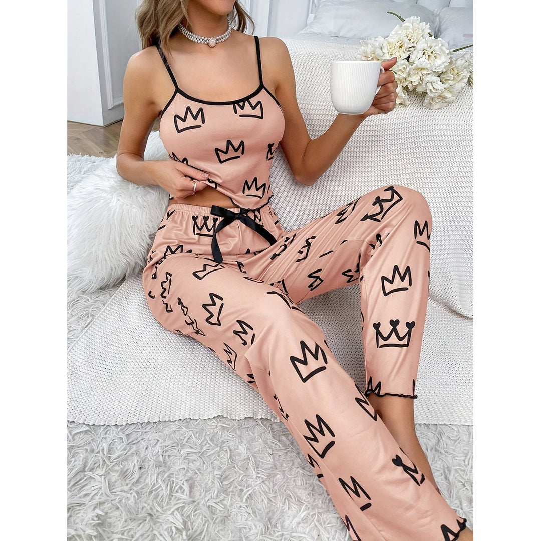 Crown Print Pajama Set Casual Lettuce Trim Round Neck Backless Crop Cami Top and Bow Pants Womens Sleepwear Image 1