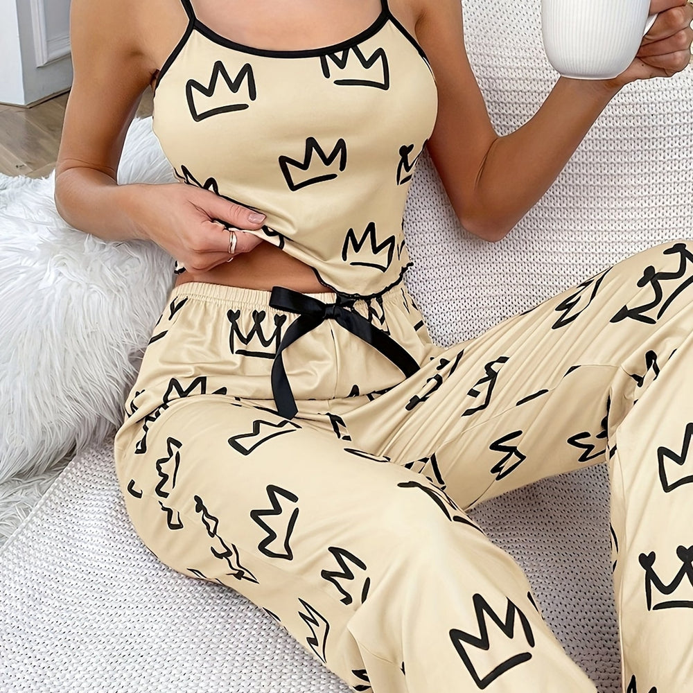 Crown Print Pajama Set Casual Lettuce Trim Round Neck Backless Crop Cami Top and Bow Pants Womens Sleepwear Image 2