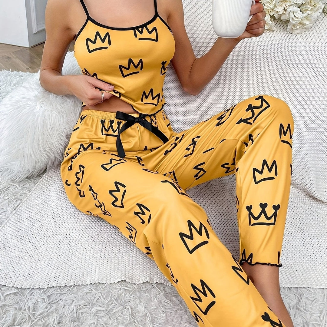 Crown Print Pajama Set Casual Lettuce Trim Round Neck Backless Crop Cami Top and Bow Pants Womens Sleepwear Image 3