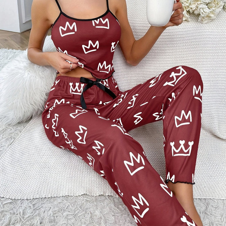 Crown Print Pajama Set Casual Lettuce Trim Round Neck Backless Crop Cami Top and Bow Pants Womens Sleepwear Image 4