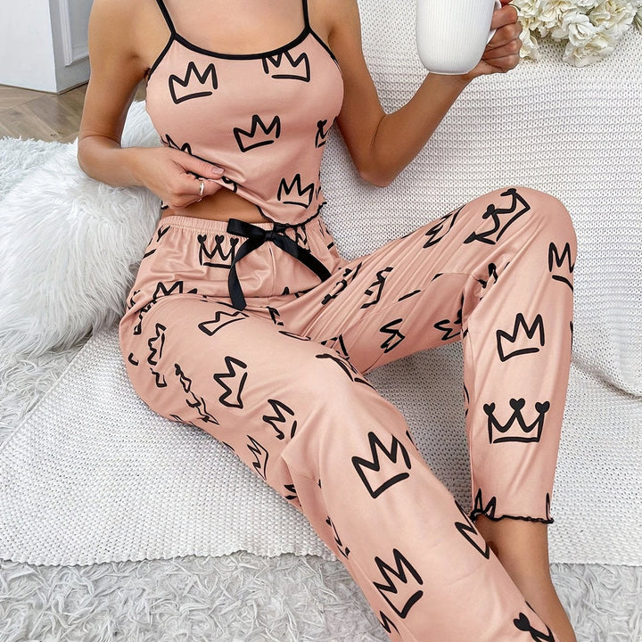 Crown Print Pajama Set Casual Lettuce Trim Round Neck Backless Crop Cami Top and Bow Pants Womens Sleepwear Image 4